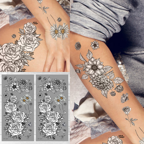 Supperb White Temporary Tattoos - Hand Drawn Inspired White & Black Flowers White Roses (Set of 2)