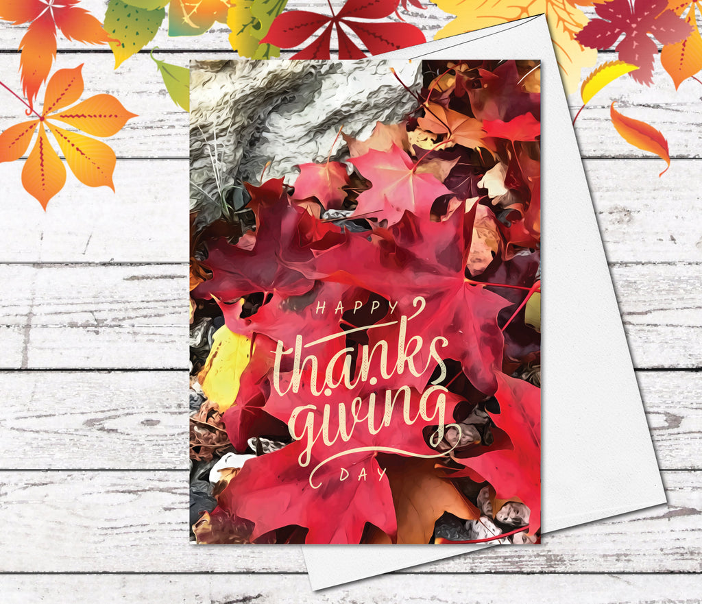 Supperb Fine Art Greeting Card - Red Maple leaves rock autumn Happy Birthday Thanksgiving Cards Thank You Fall Handmade Greeting Card