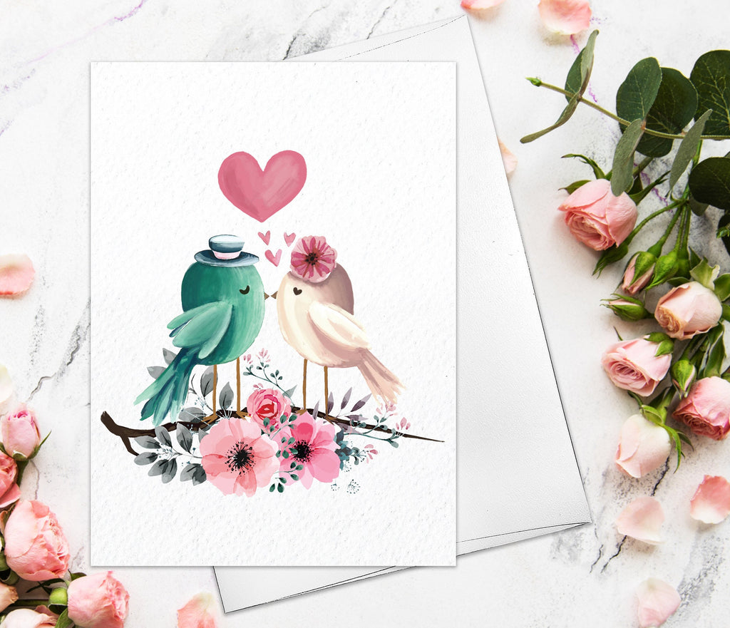 Valentine's Day Card - Watercolor Love Birds Card for Boyfriend Girlfriend Couple Engagement Wedding Cute Valentines Day Greeting Card