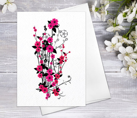 Floral Flower Red Pink Plum blossom Blooming Watercolour Card Flower Greeting Cards Anniversary Mother's day Valentines Blank Greeting Card