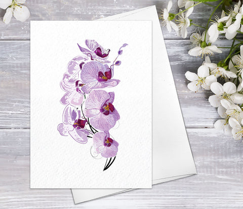 Floral Flower Violet Orchids blossom Watercolour Card Flower Greeting Cards Anniversary Mother's day Valentine's Day Blank Greeting Card