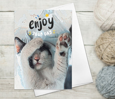 Personalize Cat Funny Greeting Cards  Sleeping Cat Card Enjoy Your Day acrylic painting Card Thank You Cards Cat Custom Name Birthday Card