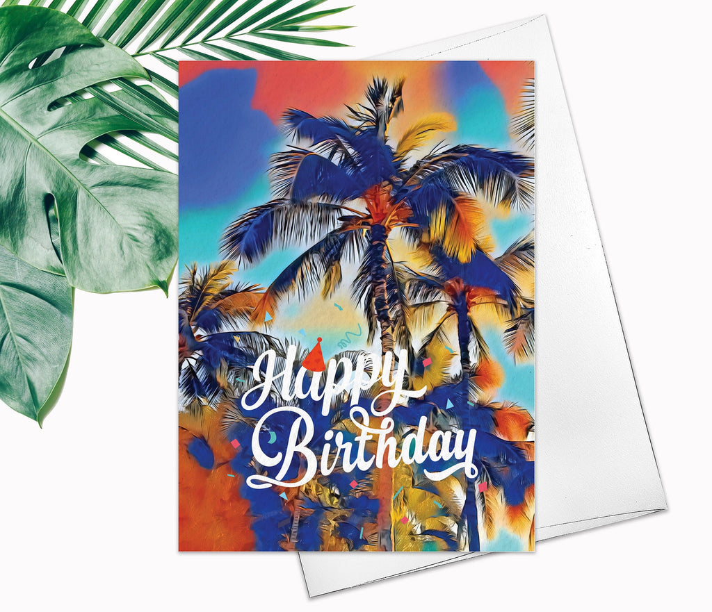 Hawaii Beach Palm Tree Greeting Card Watercolor Summer beach Sunset Card Palm Tree Fine Art Birthday Greeting Card