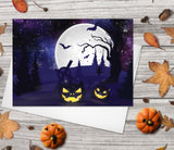 Happy Halloween Greeting Card Set 4 Pk Assorted 5"x7" Cards Starry Night Sky Spooky Castle Pumpkins Bats Full Moon Cards Handmade in Canada