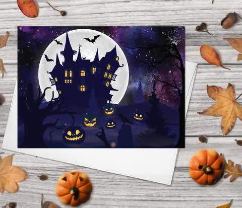 Happy Halloween Greeting Card Set of 4 - Starry Night Sky Spooky Castle Scary Pumpkins Full Moon Bats Cards Halloween card Halloween Gifts