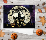 Happy Halloween Greeting Card Set 4 Pk Assorted 5"x7" Cards Starry Night Sky Spooky Castle Pumpkins Bats Full Moon Cards Handmade in Canada