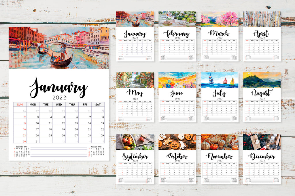 2022 Watercolor Wall Calendars 12 Month Personalized Calendars Month Calendar 2022 Watercolor Landscape Wall Calendar Custom Photo Calendar