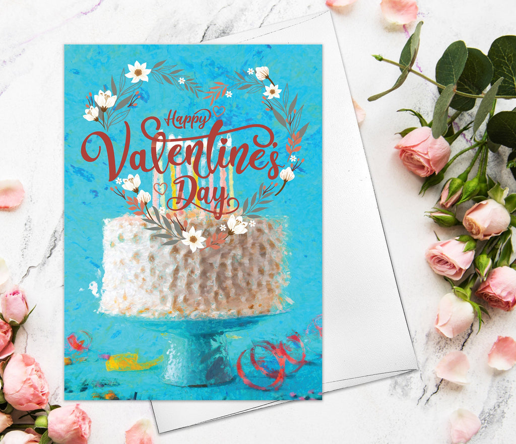 Valentine's Day Card - Watercolor Happy Valentines Cake Card for her him Couple Engagement Wedding Cute Valentines Day Card Anniversary card